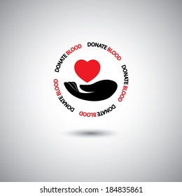 blood donation concept vector - hand & red heart icon on white background. 