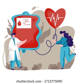 Blood donation concept vector illustration. Donor  character giving his blood to save life and receiving gratitude red heart in return. 
