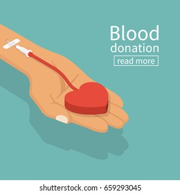 Blood Donation Concept. Vector Illustration Isometric Design. Donor Day. Give Life. Big Heart In Hand Of Donner Connected To Vein. Medical Abstract Background By Day Of Donation.