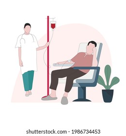 Vector de concepto de donación de sangre, proceso de transfusión plasmática. Ilustración donante provee sangre a una vida segura, el paciente hace análisis de sangre para controlar la salud, la persona gotea en el laboratorio
