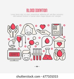 Blood donation concept for web page, banner, print media with thin line icons. World blood donor day. Vector illustration.