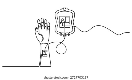 Blutspende in durchgehender Linienzeichnung. Hand mit Blutbeutel. Ein einzelner Umriss Transfusionsbeutel mit Hand. Vektorgrafik der Wohltätigkeitsorganisation für medizinische Versorgung. Bearbeitbarer Strich