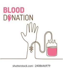 Blood donation continuous one line drawing. Vector illustration hand with donor bag. Volunteer support concept.