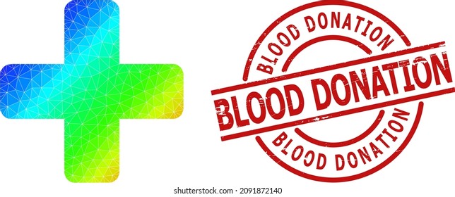 Sangre Donación estampado corroído y cruz verde de color bajo arco iris con gradiente. El sello rojo incluye la etiqueta de donación de sangre dentro del círculo y líneas formadas.