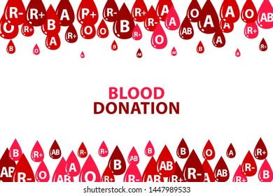 Blood donation design concept. Vector horizontal banner with top and down borders. Medical background with decoration from red drops with blood types