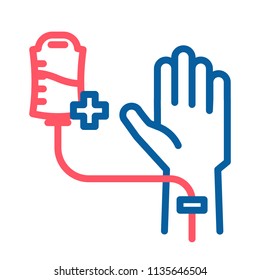 Blood donation donor icon. Vector thin line illustration with human hand and arm sharing blood. Healthy person blood transfusion. Medical and charity subject