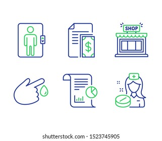 Blood donation, Elevator and Payment line icons set. Shop, Report and Nurse signs. Injury, Office transportation, Cash money. Store. Business set. Line blood donation outline icons. Vector