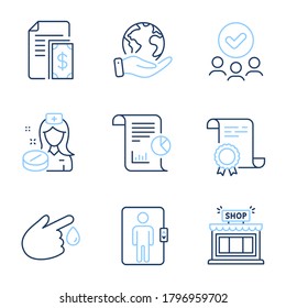 Blood donation, Elevator and Payment line icons set. Diploma certificate, save planet, group of people. Shop, Report and Nurse signs. Injury, Office transportation, Cash money. Store. Vector