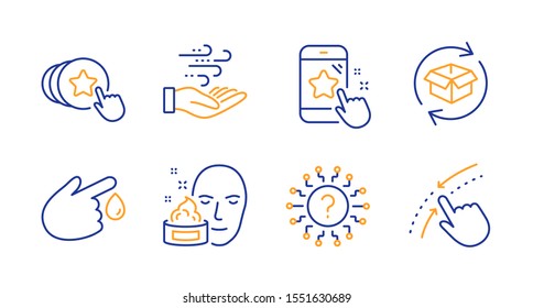 Blood Donation, Face Cream And Question Mark Line Icons Set. Return Parcel, Wind Energy And Hold Heart Signs. Star Rating, Swipe Up Symbols. Injury, Gel. Business Set. Line Blood Donation Icon. Vector