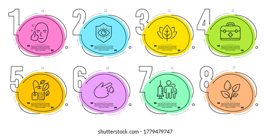 Donación de sangre, primeros auxilios y carteles de bolsos de menta. infografía de pasos de línea de tiempo. Vacunación médica, Fijación de iconos de la línea de protección facial saludable y ocular. Probado orgánico, Plantas rizando símbolos. Vector