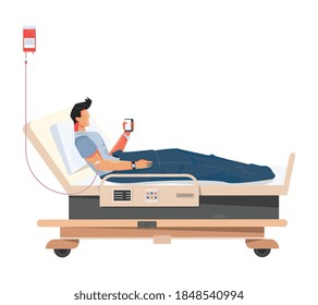 Blood donation flat composition with character of guy with smartphone lying on hospital bed vector illustration