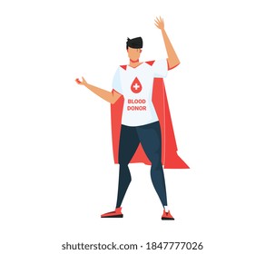 Blood donation flat composition with faceless male character in superman suit with blood donor t-shirt vector illustration