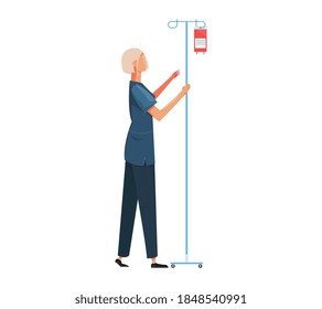Donación de sangre Composición plana con el carácter femenino del médico montando stand con ilustración vectorial del contenedor de sangre