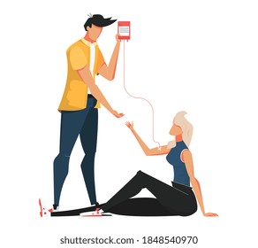 Donación de sangre Composición plana con caracteres humanos de donante y receptor realizando ilustración vectorial de transfusión sanguínea