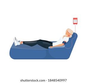 Blood donation flat composition with image of hanging blood container connected to lying woman vector illustration