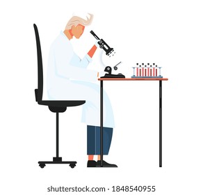 Donación de sangre Composición plana con carácter de sentada de un científico que trabaja con microscopio y tubos de ensayo ilustración vectorial