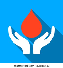 Blood Donation Hands long shadow vector icon. Style is a flat light symbol with rounded angles on a blue square background.