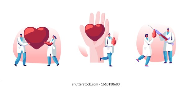 Blood Donation, Heart Transplantation Set. Doctor Characters In Medical Uniform Make Lifeblood Transfusion From Human Hand In Donation Laboratory, Healthcare Charity. Cartoon Flat Vector Illustration