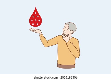 Blood donation and help concept. Old sick man standing holding huge blood drop on hand touching chin and head for charity donation vector illustration 