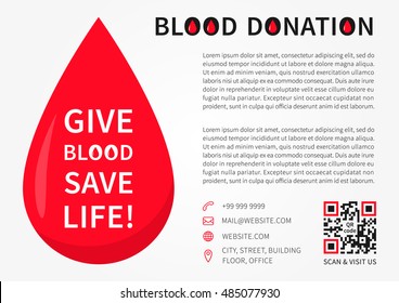 Blood Donation horizontal poster vector template. Blood Donation banner layout with sample text, big red drop, contact information and qr code. Phrase Give Blood Save Life graphic design.