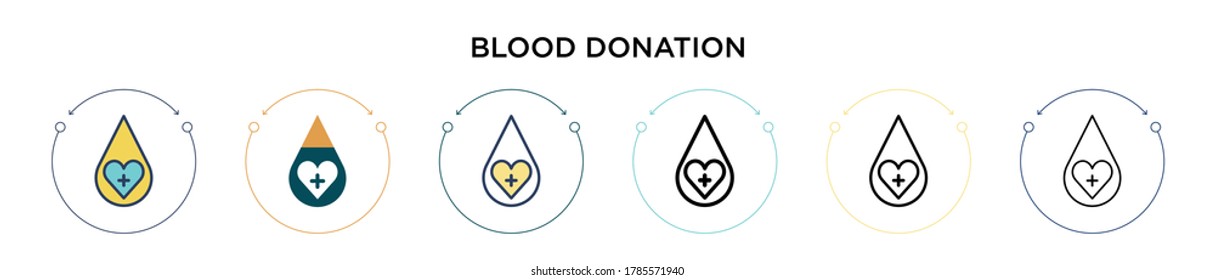 Icono de donación de sangre en el estilo relleno, delgado, contorno y apoplejía. Ilustración vectorial de dos diseños de iconos vectores de donación de sangre de color y negro se pueden usar para móviles, ui, web