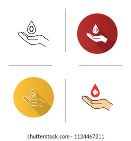 Blood donation icon. Flat design, linear and color styles. Hand holding liquid drop with medical cross. Isolated vector illustrations