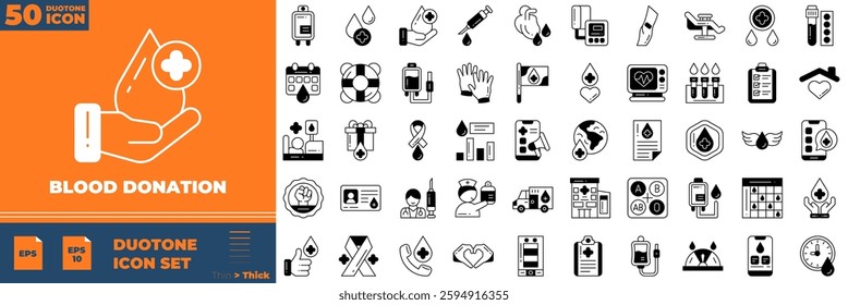 Blood donation icon set. Containing donate, blood, transfusion,and more. Duotone vector icons collection.
