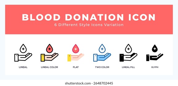 Blood donation icon set with different styles. Design elements for logo. Vector illustration.