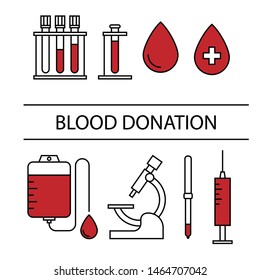 Blood Donation Icon Set. 
Drop of blood, syringe, pipette, microscope, test tubes, bag for blood.