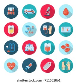 Blood donation icon set. Plasma or platelet appointment, lifesaving service, promoting voluntary help poster. Vector flat style illustration isolated on white background