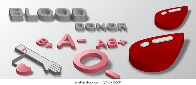 Icono de donación de sangre con tipo de sangre y letras de donante de sangre en estilo isométrico 3d sobre fondo de gradiente blanco.