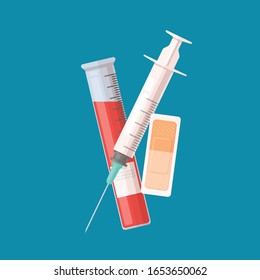 Blood donation icon. Vector flat syringe, test tube and medicine plaster. Isolated background. Blood donor day.