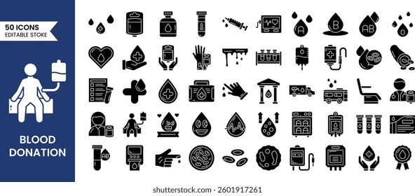 Blood Donation icons set in solid style. Donation, plasma, platelets, hemoglobin, apheresis, phlebotomy, transfusion and more. Vector illustration