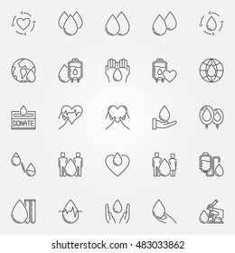 Blood donation icons set. Vector collection of charity blood donation symbols in thin line style. Blood drop signs