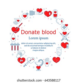 Blood Donation Line Design Colorful Icons.  Charity, Volunteering Work And Community Development Awareness Month.  Place For Text