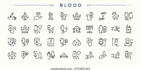 Conjunto de ícones lineares da Doação de Sangue. Ícones mínimos definidos. Conjunto de ícones simples do doador. Apresentando doação, voluntário, doador, médico, cuidados, sangue, saúde e muito mais.