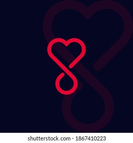 Concepto del logo vectorial de estilo lineal para donación de sangre. Icono de línea roja aislada de transfusión sanguínea sobre fondo negro. Símbolo del corazón y la gota para el gráfico de la caridad y la medicina