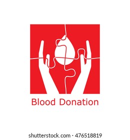 Blood donation logo concept with two hands holding a drop made of puzzle pieces. Vector illustration for blood transfusion, charity in healthcare
