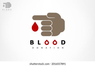 Blood donation logo. Hand and drop of blood vector. Blood donation for analysis.