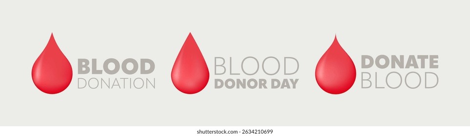 Logo de donación de sangre con gotas e inscripciones rojas. Guardar Da sangre y vida. Diseño para temática médica, donación y caridad. Ilustración vectorial
