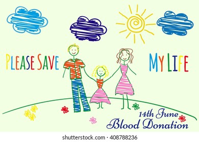 Blood Donation Motivation Poster. World Blood Donor Day Banner. Kid's Cartoon. Please Save My Life.