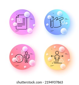 Blood donation, Outsource work and Social distance minimal line icons. 3d spheres or balls buttons. Cv documents icons. For web, application, printing. Vector