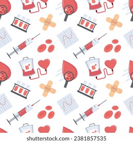 blood donation pattern. cartoon minimalistic items set, health blood donor day concept, volunteer hospital transfusion laboratory. vector cartoon objects seamless pattern.