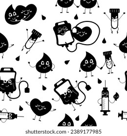 Blood donation pattern. Silhouette Character drops of blood, heart, syringe, blood bag