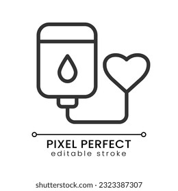 Icono lineal perfecto del píxel de donación de sangre. Procedimiento médico. Transfusión intravenosa. Terapia. Ilustración de línea delgada. Símbolo de contorno. Dibujo del contorno del vector. Trazo editable. Fuente de Poppins utilizada