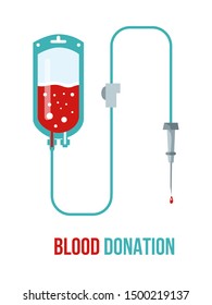 Blood donation poster flat vector template. Medical dropper isolated clipart on white background. Emergency blood transfusion. Medicine and healthcare banner with red and blue text design