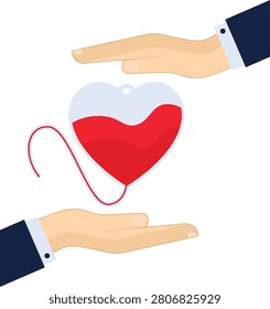 Blood donation poster with hands holds transfusion equipment in heart shape vector illustration

