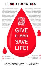 Blood Donation poster vector template. Blood Donation banner layout with sample text, big red drop, contact information and qr code on grey background. Phrase Give Blood Save Life graphic design.