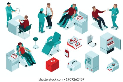 Blood donation procedure isometric set with registration screening donors kit collection monitor recovery storage refrigerators vector illustration