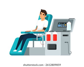 Blood donation process. Man sitting in medical chair donating blood with collection machine. Healthcare, volunteering, charity, life-saving medical concept. Vector illustration.